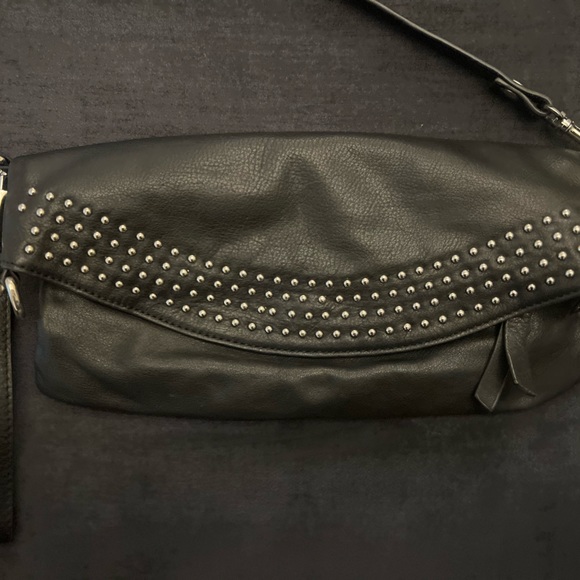 Genuine Leather Crossbody Purse/Clutch with Studs (3 Zippers, Black) - Picture 5 of 7
